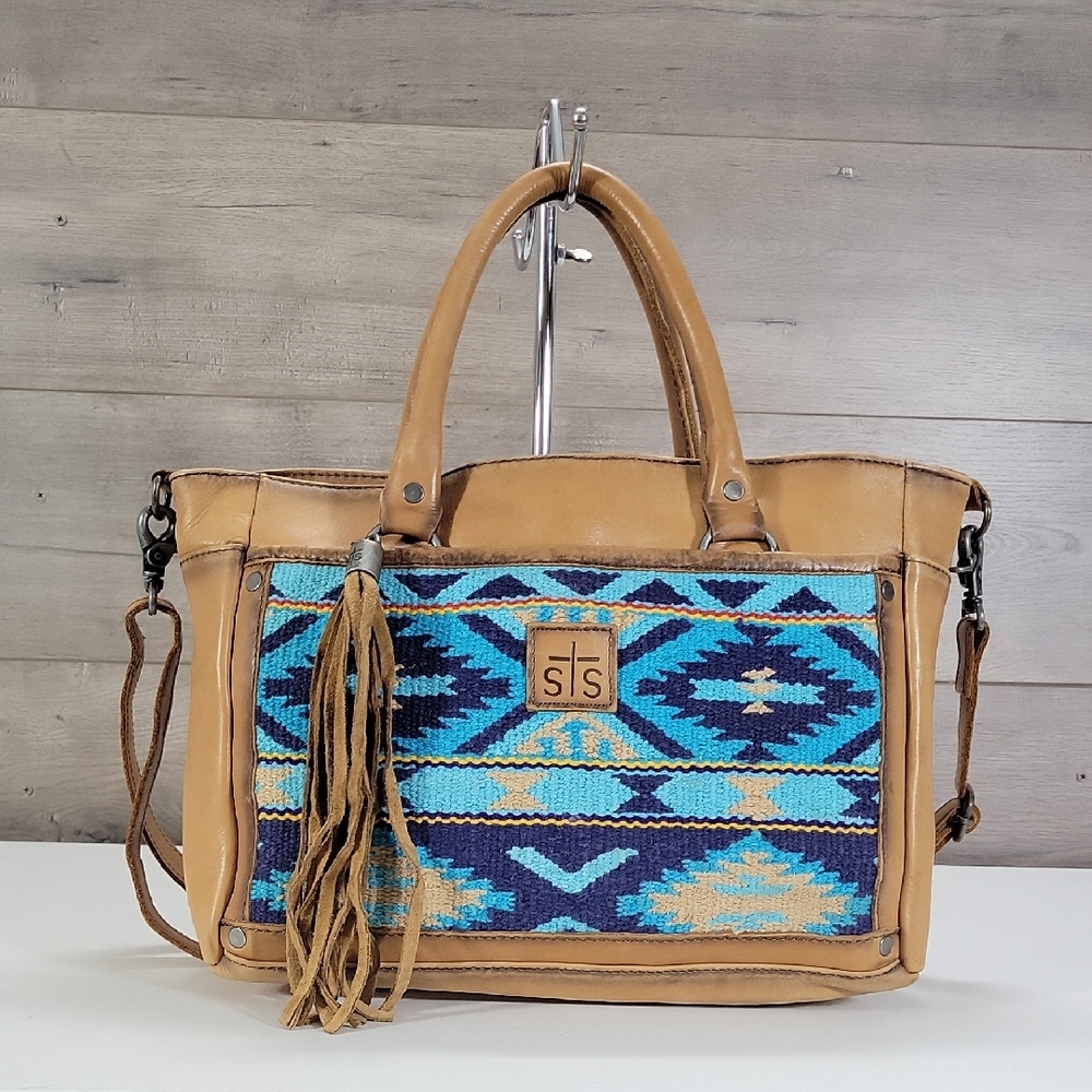STS Ranchware Texas Blue Aztec Pattern Tapestry Tan Leather Tote Crossbody Bag